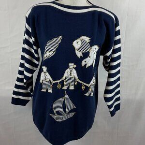 Vintage Amelia Austin Nautical Sweater M Navy White Stripe Long Sleeve